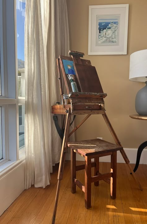 Art Easel Aesthetic Room, Artist Aesthetic Room Decor, Easel In Bedroom, Sf Studio Apartment, Art Easel Aesthetic, Apartment San Francisco, Art Studio Apartment, Furniture Sketches, San Francisco Victorian