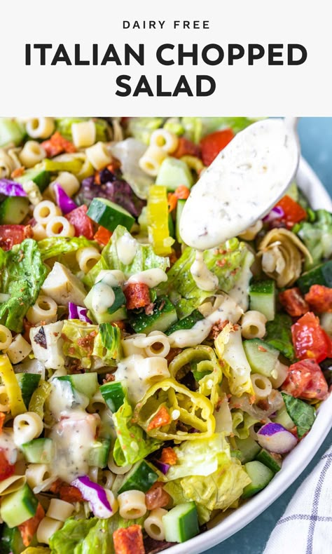 This chopped Italian salad with pasta is an incredibly easy recipe to toss together and quite possibly the best tasting thing on a hot summers day. With a simple and healthy dairy free salad dressing recipe and a mixture of cheeses, vegetables, meat, and pasta, there are so many flavors and textures to enjoy together! Dairy Free Salad Dressing Recipes, Dairy Free Salad, Salad Dairy Free, Chopped Italian Salad, Salad With Pasta, Dairy Free Salad Dressing, Creamy Italian Dressing, Dairy Free Salads, Italian Salad Recipes