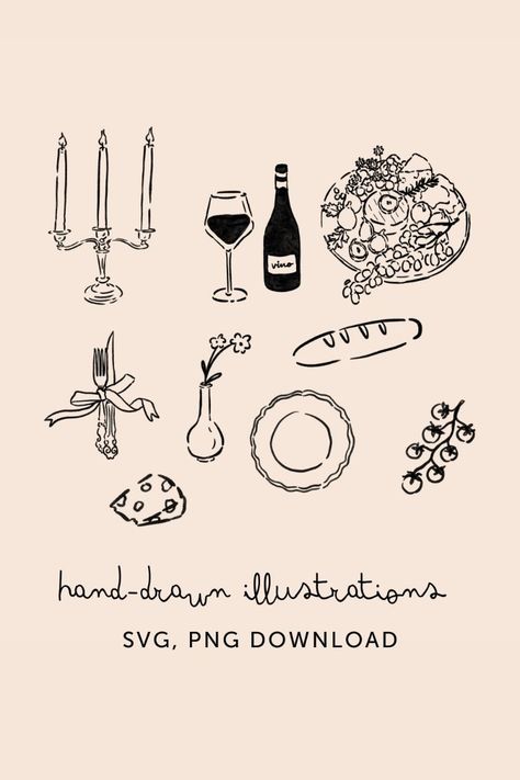 Dinner Party Menus Design, Hand Drawn Party Invitations, Bachelorette Party Illustration, Handdrawn Illustration Design, Hand Drawn Birthday Invitations, Hand Drawn Wedding Invitations Illustration, Hand Drawn Menu Design, Dinner Party Drawing, Dinner Party Illustration