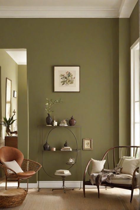 Interior design, wall paint, home decor, space planning Muted Green Accent Wall, Olive Walls Living Room, Ripe Olive Paint, Olive Green Wall Paint, Color For Living Room Walls, Olive Walls, Green Living Room Color Scheme, Olive Living Rooms, Color For Living Room