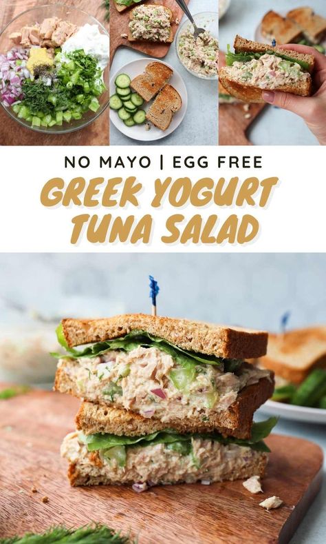 Collage of images of the tuna salad with the text, "No Mayo, Egg Free Greek Yogurt Tuna Salad." Yogurt Tuna Salad, Greek Yogurt Tuna Salad, Tuna Salad No Mayo, Healthy Tuna Salad, What Is Healthy Food, Healthy Foods To Make, Healthy Tuna, Tuna Salad Recipe, Greek Yogurt Recipes