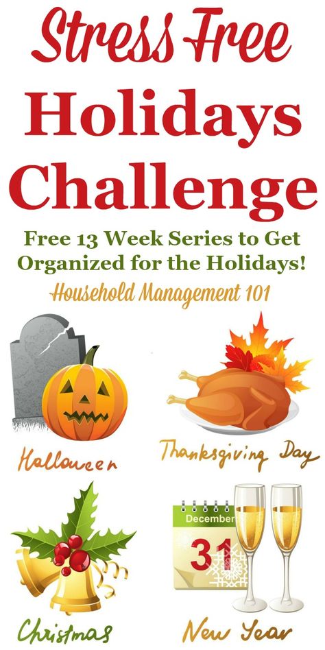 Join the Stress Free Holidays Challenge to get organized for the holidays, including Halloween, Thanksgiving, Christmas and New Year's, in this free 13 week series {on Household Management 101} Holiday Challenge, Holiday Organization, Holiday Prep, Household Management, Christmas Organization, Christmas Planning, Holiday Planner, Christmas Planner, Thanksgiving Fun