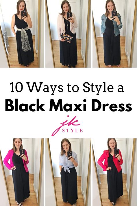 How to Style a Black Maxi Dress in 10 Different Ways - JK Style #maxidress #whattowear #howtowear #styleideas Black Maxi Dress Outfit Ideas, Long Black Dress Outfit, Black Maxi Dress Outfit, Sleeveless Dress Outfit, Long Tshirt Dress, How To Style A Maxi Dress, Long Black Maxi Dress, Plain Maxi Dress, Spring Maxi Dress