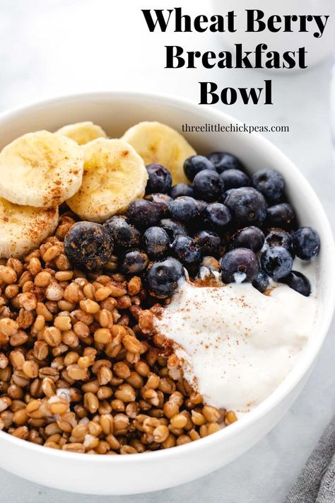 Wheat berry breakfast bowl with yogurt, blueberries, and banana slices. Grain Breakfast Bowl, Wheat Berry Recipes Breakfast, Breakfast Nourish Bowl, Wheat Berries Recipe, Wheat Berries Breakfast, Breakfast Grains, Barley Breakfast, Wheat Berry Recipes, Nutritional Healing