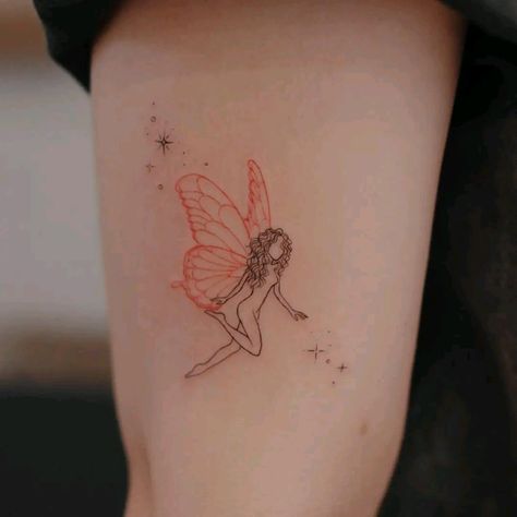 Red And Black Fairy Tattoo, Fairy Tattoo Curly Hair, Fairy Tattoo With Curly Hair, Fairy With Curly Hair Tattoo, Fairy Color Tattoo, Curly Hair Fairy Tattoo, Fairy Tattoo Colorful, Red Fairy Tattoo, Fairy Tattoos For Women Unique