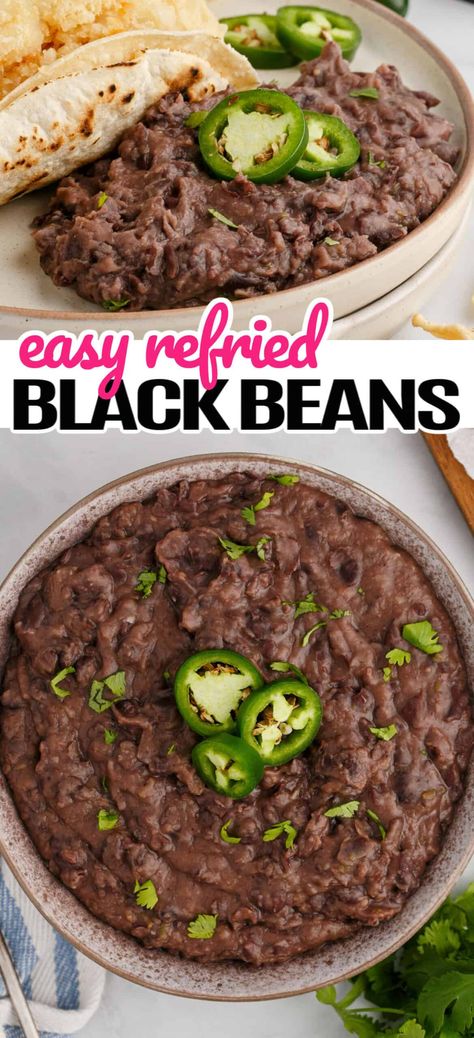 Black Bean Refried Beans, Make Refried Beans, Refried Black Beans, Taco Side Dishes, Mexican Black Beans, Refried Beans Recipe, Mexican Side Dishes, Black Bean Recipes, How To Cook Beans