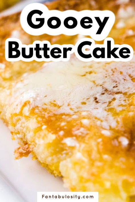 gooey buttery cake Easy Gooey Butter Cake Recipe, Yellow Cake Mix Desserts, Gooey Butter Cake Recipe, Yellow Cake Mix Recipes, Yellow Butter Cake, Gooey Cake, Cake Mix Desserts, Flat Cakes, Easy Dessert Recipe