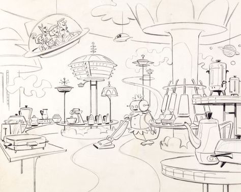 Jetsons Aesthetic, Rosie The Robot, Concept Presentation, Concept Drawing, Concept Draw, The Jetsons, City Drawing, Parc D'attraction, Retro Vector