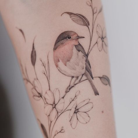 Robin with cherry blossom 🌿 My favorite tattoo motifs! I made this project by freehand drawing and I’ll show the process soon, follow my… | Instagram Perched Bird Tattoo, Small Robin Tattoo Black And White, European Robin Tattoo, Robin Flying Tattoo, Cedar Waxwing Tattoo, Bird And Tree Tattoo, Bullfinch Tattoo, Robin Tattoo Black And White, Red Robin Tattoo