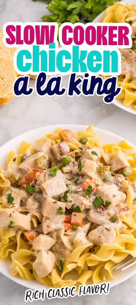 Slow Cooker Chicken a la King - Sweet Cs Designs Crock Pot Chicken A La King, Chicken Ala King Recipes Crock Pots, Chicken A La King Crockpot, Chicken Alla King, Chicken A La King Recipes, White Cream Sauce, Easy Creamy Chicken, Chicken A La King, Kidney Diet