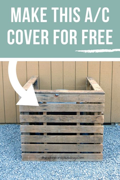 Learn how to make a free A/C Unit Cover using pallets. Make an easy and affordable cover in just 45 minutes! #accover #palletproject #diy Hide Ac Units, Air Conditioner Cover Outdoor, Ac Unit Cover, Ac Cover, Easy Patio, Air Conditioner Cover, Wood Projects For Beginners, Pallet Decor, Diy Outdoor Decor