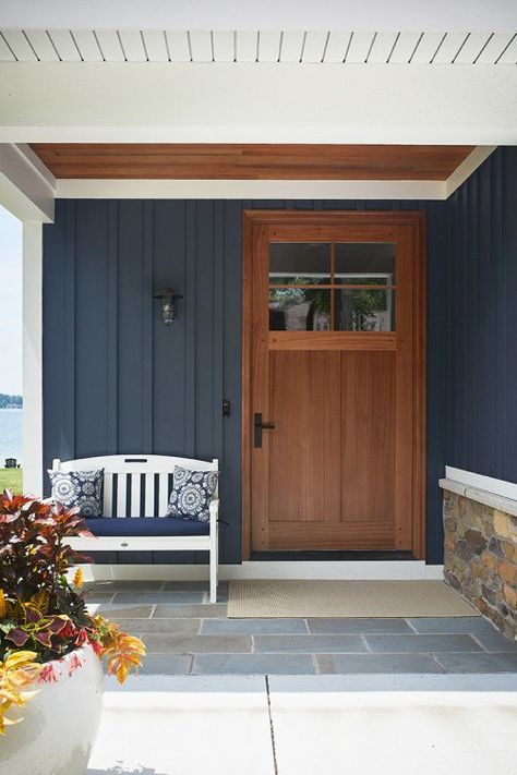 Midnight Blue Board And Batten Siding, Dark Blue Houses Exterior, Cedar Front Porch, Blue Siding House, Blue Exterior House Colors, Craftsman Lake House, Navy Blue Houses, Dark Blue Houses, Michigan Lake House