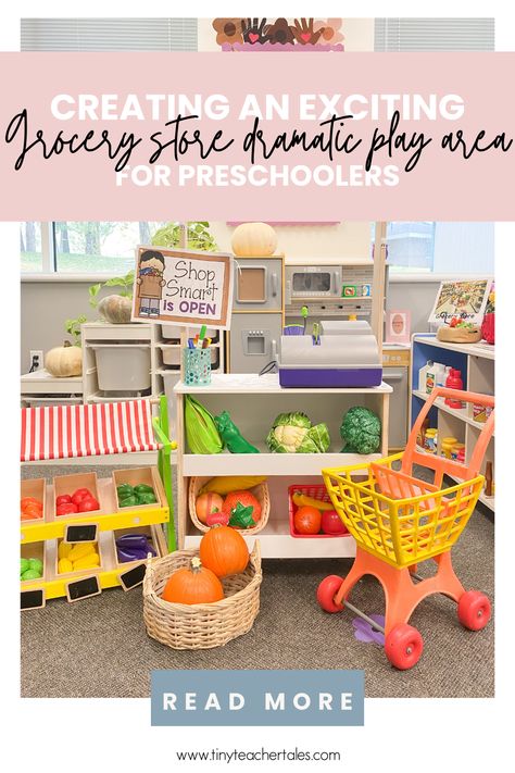 Create the perfect grocery store dramatic play area with these ideas and inspiration! Making a realistic grocery store can be so much fun. Grocery Store Dramatic Play Set Up, Grocery Store Bulletin Board, Grocery Store Play Area, Grocery Store Playroom, Diy Kids Grocery Store, Diy Grocery Store For Kids, Dramatic Play Grocery Store, Store Dramatic Play, Kids Grocery Store