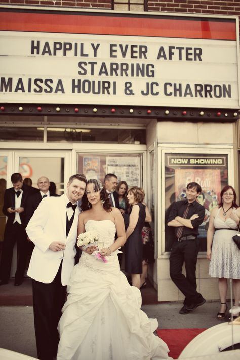 Our names on the marquee -movie theatre wedding Movie Theater Wedding Reception, Theatre Wedding Ideas, Theatre Wedding Theme, Theatre Themed Wedding, Theater Wedding Ceremony, Movie Theatre Wedding, Wedding Theatre, 50s Wedding Theme, Movie Theater Wedding