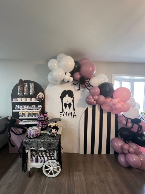 Wednesday Addams Theme Party Ideas, Birthday Party Wednesday Theme, Wendsday Birthday Party Decor, Wednesday Birthday Backdrop, Wednesday Party Backdrop, Wednesday Addams Pool Party, Spooky Bday Party, Wednesday Adams Birthday Party Theme, Wednesday Themed Birthday Party Decorations