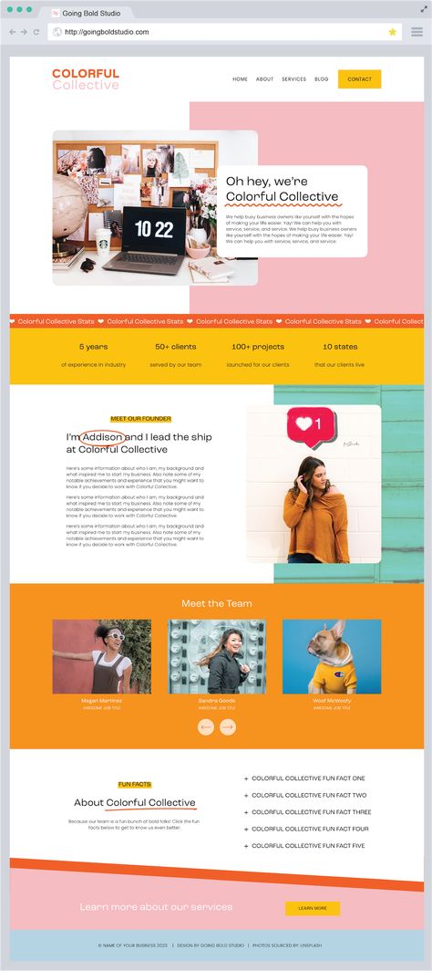 Bold, colorful, fun Squarespace 7.1 website template. Website design for virtual assistants, coaches, marketing agencies, creative agencies, and social media marketers. Bold Colorful Website Design, Template Website Design, Colorful Website Design, Media Studio, Colorful Website, Creative Website Design, Squarespace Website Templates, Studio Branding, Squarespace Website Design