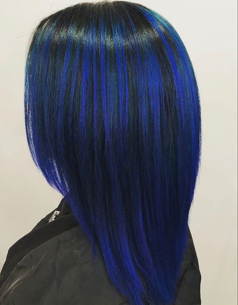 Blue Hair Colors Ideas, Dyed Hair Highlights Blue, Black With Blue Highlights Hair, Electric Blue Highlights In Brown Hair, Blue And Red Highlights In Black Hair, Black And Blue Striped Hair, Celebrities With Blue Hair, Black Hair With Royal Blue Highlights, Bright Blue Highlights In Brown Hair