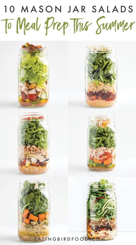 Summer is almost here and it's time to hop on the mason jar salad meal prep train! I've got 10 amazing mason jar salads that are easy to prep and loaded with flavor. No more salad work lunches! Mason Jar Lunch, Mason Jar Salads, Salad Jar Recipe, Jar Salads, Eating Bird Food, Jar Salad, Mason Jar Salad Recipes, Salad Meal Prep, Mason Jar Salad