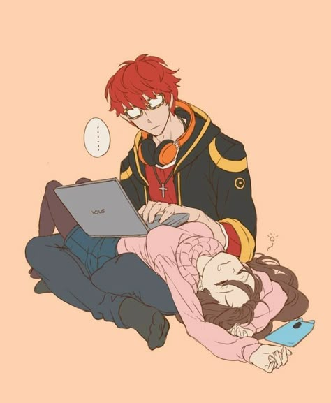 Anime Couples Cuddling, Mystic Messenger Characters, Mystic Messenger Comic, Boyfriend Scenarios, Mystic Messenger Fanart, Mystic Messenger 707, Romantic Anime Couples, Shall We Date, Dessin Adorable