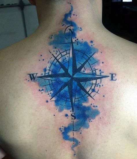 Male With Blue Compass Watercolor Tattoo On Upperback Sextant Tattoo, Watercolor Compass Tattoo, Nautical Star Tattoos, Him And Her Tattoos, Anker Tattoo, Compass Tattoo Design, Blue Tattoo, Geniale Tattoos, Rib Tattoo