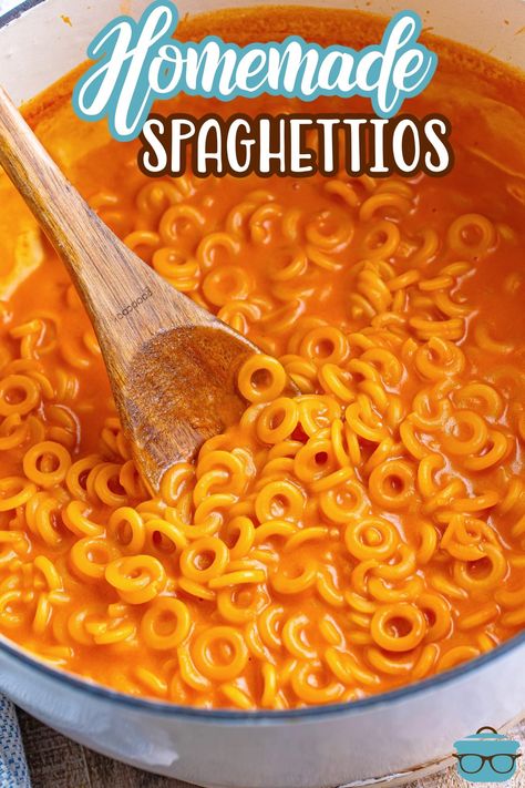 A wooden spoon in a pot of Homemade Spaghettios. Homemade Speggettios, Spaghetti Os Recipe, Homemade Spaghetti Os, Ww Potatoes, Kid Friendly Pasta, Skillet Lasagna Easy, Homemade Spaghettios, Homemade Velveeta, Kid Friendly Soup