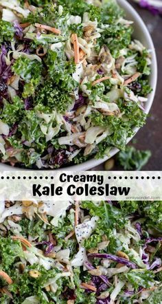 This Kale Slaw Salad Recipe is the best of both worlds, kale salad and coleslaw combined to make a tasty nutritious side dish. Kale, cabbage, seeds and dried cranberries tossed with a creamy poppy seed dressing . . . so good! #kalesalad #kalerecipes #coleslawrecipes #poppyseeddressing #saladrecipes #sidedishrecipes #kaleslaw Cabbage And Kale Salad, Kale Slaw Salad, Kale Cabbage Salad Recipes, Creamy Kale, Kale Cabbage, Slaw Salad, Kale Slaw, Slaw Dressing, Cabbage Seeds