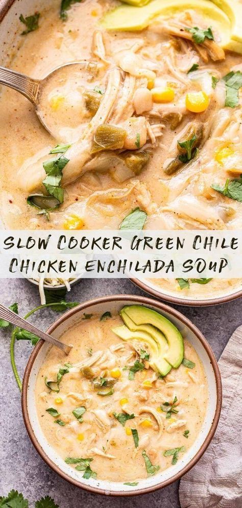 This Slow Cooker Creamy Green Chile Chicken Enchilada Soup has all the wonderful flavor of the enchiladas without all the work! Hearty, creamy, full of green chiles and totally satisfying! #soup #slowcooker #chickensoup #chickenenchiladas #greenchile #enchiladasoup #glutenfree #crockpot #chickenrecipe #souprecipe #MeatyStewandSoupRecipes Slow Cooker Creamy Green Chile Chicken Enchilada Soup, Crockpot Green Enchilada Soup, Green Chile Chicken Enchilada Soup, Green Enchilada Chicken Soup, Green Chile Chicken Soup, Chicken Enchilada Soup Recipes, Chicken Chile, Green Chile Enchiladas, Green Chile Chicken Enchiladas