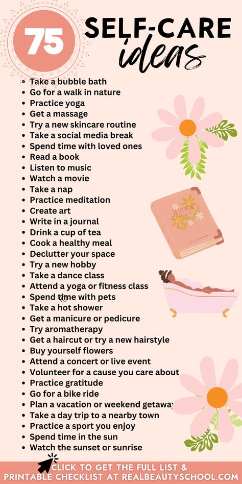 75 Self-care Ideas Because you Deserve it! | Printable Planner by  Gregory Vega Face Care Routine, Self Care Ideas, Self Care Bullet Journal, Getting A Massage, Vie Motivation, Beauty School, Glow Up Tips, Care Quotes, Self Care Activities