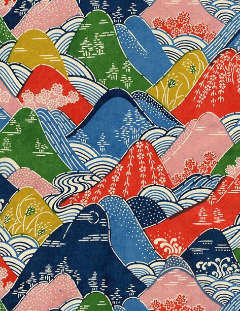 Japanese Washi Paper for Art Design Print Bookbinding Conservation · Washi Arts Design Japonais, Japan Illustration, Colorful Mountains, Japanese Illustration, Mountain Print, Japanese Textiles, Art Japonais, Japanese Patterns, Art Et Illustration