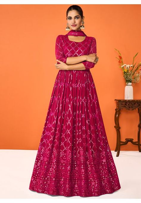 Magenta Anarkali, Pink Salwar Suit, Indian Anarkali Dresses, Georgette Anarkali Suits, Anarkali Lehenga, Designer Anarkali Suits, Embroidered Anarkali, Georgette Tops, Readymade Saree