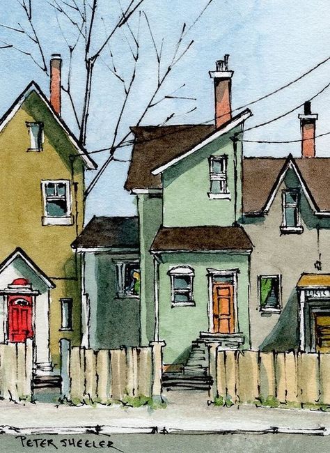 Peter Sheeler, Watercolor House Painting, Watercolor Art Landscape, Watercolor Architecture, Architecture Drawing Art, Building Art, Watercolor Landscape Paintings, Watercolor Art Lessons, Pen And Watercolor