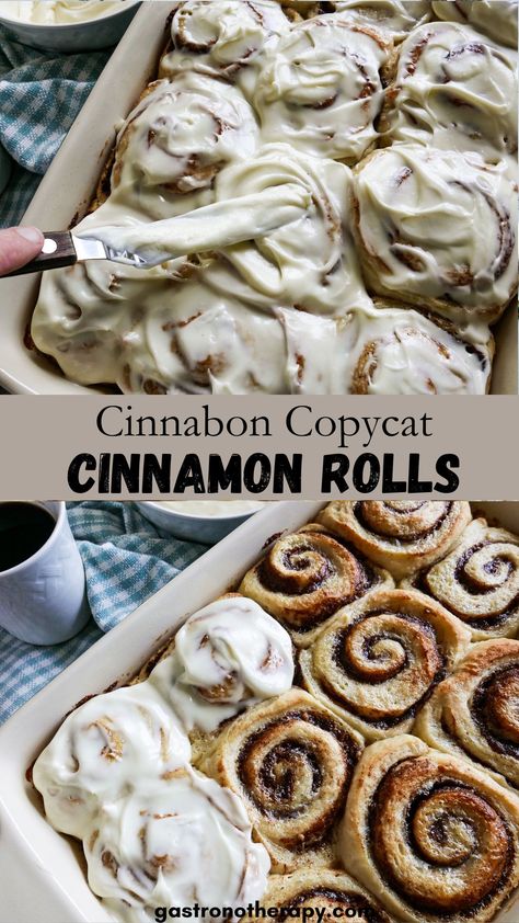 Pan of Cinnabon copycat cinnamon rolls in a baking dish. Cinnamon Rolls Homemade Gooey, Cinna Bun Cinnamon Rolls, Diy Cinnabon Cinnamon Rolls, Homemade Cinnamon Candy, Stay At Home Chef Cinnamon Rolls, Cinnamon Buns Gooey, Joshua Weissman Cinnamon Rolls, Cinnamon Rolls Copycat Cinnabon, King Arthur Cinnamon Rolls