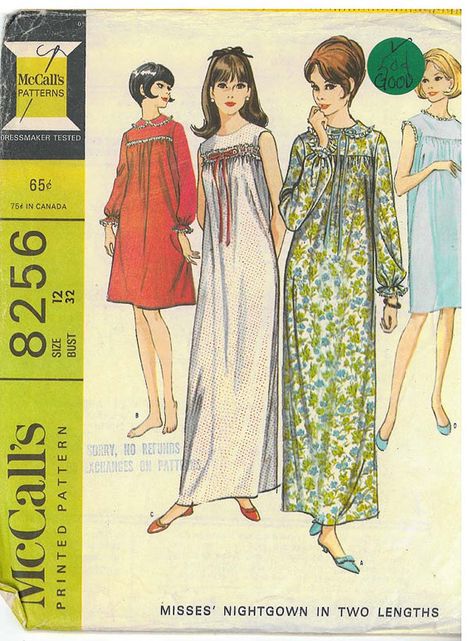 McCalls Sewing Patterns. 1960's Vintage Misses Nightgown 60s Nightgown, Cute Nightgowns, Mccalls Patterns Vintage, Nightgown Pattern, Pajama Pattern, Sewing Lingerie, Cottagecore Style, Vintage Nightgown, Short Gowns