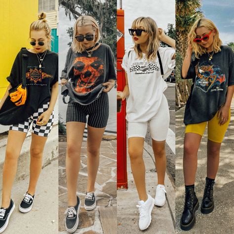 SHOP THE TREND: BIKER SHORTS. Cycling Shorts Outfit, Bike Shorts Outfit, Look Grunge, Biker Shorts Outfit, Fest Outfits, Looks Pinterest, Summer Shorts Outfits, Pastel Outfit, Vintage T Shirts