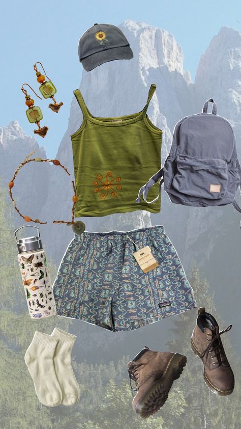 hiking! #aesthetic #outfit #outfitidea #aestheticoutfit Adventure Core Aesthetic Outfits, Forest Fairy Aesthetic Clothes, Adventure Aesthetic Outfit, Summer Camp Aesthetic Outfits, Boho Hiking Outfit, Fairy Aesthetic Clothes, Summer Slasher, Camping Aesthetic Outfits, Hiking Aesthetic Outfit