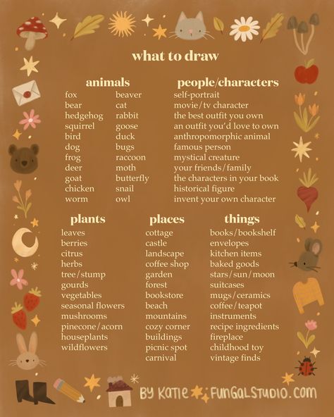 Drawing Prompts For Art Block, Cottage Core Drawing Prompts, Autumn Art Prompts, Art Concepts Ideas Inspiration, Art Block Prompts, Fall Drawing Challenge, Roll For Inspiration Drawing, Sketchbook Ideas List, Sketch Book Prompt Ideas