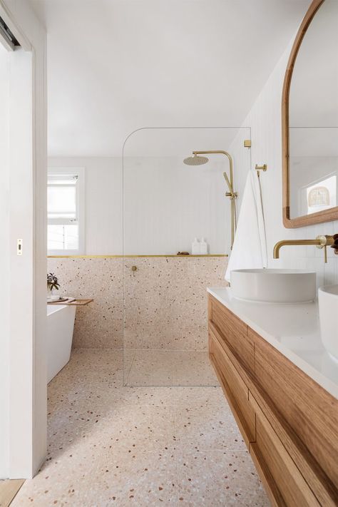 Arch_shower_glass Modern Half Wall, Pink Terrazzo Bathroom, Bathroom Terrazzo, Terrazzo Bathroom, Pink Terrazzo, Timber Vanity, Mid Century Bathroom, Shower Niche, Bathroom Trends