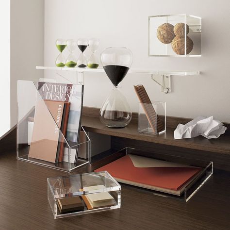 5 Ways To Use Acrylic Decor Throughout Your House // Home Office - See where all your papers and pens are with acrylic desk storage solutions. Acrylic Desk Accessories, Modern Desk Accessories, Acrylic Furniture, Acrylic Storage, Acrylic Decor, Modern Desk, Desk Storage, Office Accessories, My New Room