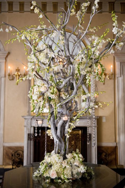 A tall arrangement of manzanita branches dripping with white blooms, votive candles and crystals greeted guests at the entrance of the reception space. Manzanita Branch Centerpieces, Branches Wedding Decor, Manzanita Centerpiece, Tree Branch Wedding, Branch Centerpieces Wedding, Branch Centerpieces, Manzanita Tree, Manzanita Branches, Wedding Branches