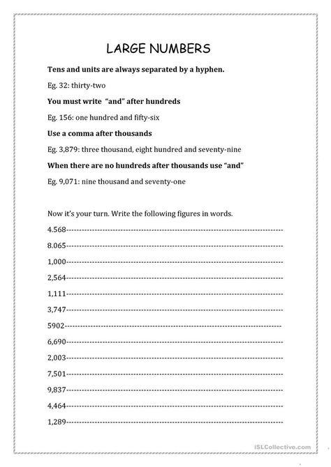 Big Numbers Four Digits - English ESL Worksheets for distance learning and physical classrooms Esl Numbers Worksheets, Reading Numbers Activities, Esl Numbers Activities, Big Numbers Worksheets, Numbers In Letters, Writing Worksheets For Adults, How To Read Numbers, Esl Numbers, Numbers In English