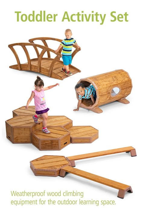 Made for outdoor active play, this collection of weatherproof wooden climbing equpment is specifically designed for the toddler playground. Tap through for more details and buying options. Cool Outdoor Play Areas, Montessori Outdoor Playground, Montessori Playground Ideas, Childcare Playground Ideas, Toddler Playground Ideas, Daycare Playground Ideas, Outdoor Toddler Play Area, Toddler Backyard Play Area, Preschool Playground Ideas