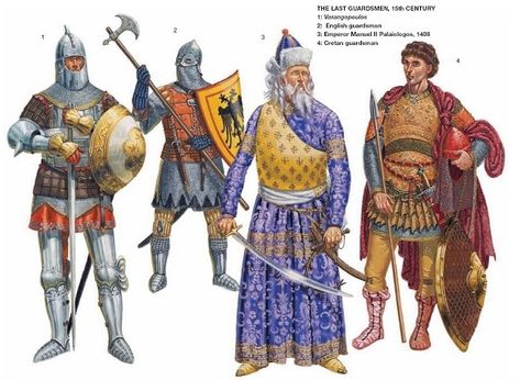 Military uniforms had an armor breastplate with shoulder-pieces. And depending what kind of soldier you were, it would determine how heavily armed you were (like shown in the picture). The footwear was calf-high boots or sandals with leather straps. Byzantine Army, Varangian Guard, Roman Armor, Warriors Illustration, Historical Warriors, Medieval Knights, Eastern Roman, Rome Antique, Empire Romain