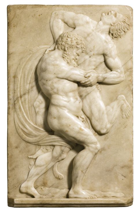 RELIEF WITH HERCULES WRESTLING ANTAEUS / Executed between circa 1560 and 1590. Florence. Greek Wrestling, Labors Of Hercules, Ancient Greek Art, Art Curator, Italian Marble, Greek Art, Gay Art, Sculptures & Statues, Mural Art