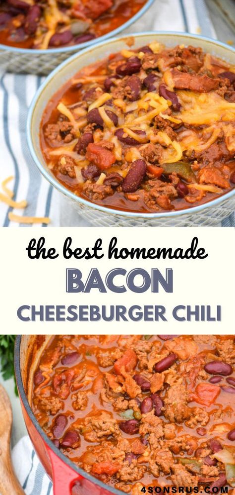 Bacon cheeseburger chili combines all the flavors of two classic comfort foods into one yummy dish. This hearty recipe will be an instant favorite for all burger and chili lovers! #chili #homemade #recipe #dinner Bacon Cheeseburger Chili, Weird Chili Recipes, Unusual Chili Recipes, Hearty Meals Comfort Foods, Cheeseburger Chili, 21 Day Fix Chili, Chili Homemade, Bacon Chili, Chili Cookoff