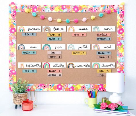 Are you looking for a French Birthday Board for your classroom? This Bulletin Board is perfect for your class! It includes 3 versions of months display and editable labels for you to add your students' names on. It is Boho Rainbow Themed - perfect to go along with rainbow classroom decor!  Click here to buy it on TPT. Bulletin Board Ideas Birthday, Class Names Bulletin Board, Birthday Wall Ideas For Classroom, Boho Bulletin Board Ideas, Preschool Display Boards, Class Birthday Board, Birthday Display Board, Preschool Birthday Board, Twos Classroom