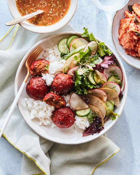 Korean Meatball Rice Bowls - What's Gaby Cooking Meatball Rice, Korean Meatballs, Cooking Bowl, Whats Gaby Cooking, Mixed Berry Smoothie, Kimchi Fried Rice, Sweet Potato Noodles, Herb Salad, Cooking White Rice