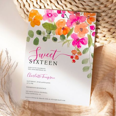 $1.9 | Boho fall orange floral watercolor Sweet 16 - pretty pink flowers watercolour, chic sweet 16 birthday party, all age birthday party celebration, trendy floral sweet 16 birthday, modern chic boho flowers, cute garden wild flowers, modern script typography, floral watercolor bridal shower, pretty painted watercolor flowers, greenery foliage 30th Birthday Garden Party, Orange And Pink Birthday Party Ideas, Sweet 16 Invitation Ideas, Flower Birthday Invitations, Floral Graduation Party, Sweet Sixteen Birthday Invitations, Garden Party Invitations, Templates Aesthetic, 17 Birthday