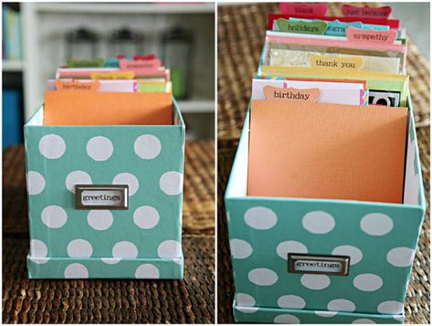 IHeart Organizing: Greetings! Card Organization Card Organization, Greeting Card Storage, Greeting Card Organizer, Craft Organization Diy, Gift Wrap Organization, Craft Storage Solutions, Craft Paper Storage, Stationary Organization, Diy Storage Boxes