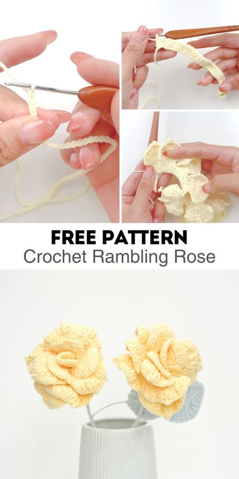 Learn to crochet a beautiful Rambling Rose with our free PDF pattern. This step-by-step guide is perfect for beginners, featuring clear instructions and helpful images. Crochet Puff Flowers, Crochet A Flower, Rambling Roses, Crochet Rose Pattern, Rambling Rose, Crochet Flowers Free Pattern, Crochet Bouquet, Free Pdf Pattern, Crochet Plant