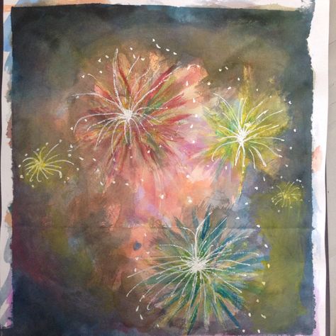 Fireworks with different pigments Watercolour, oil pastels, acrylic , correction fluid n isopropyl alcohol Oil Pastel Fireworks, Watercolour Fireworks, Watercolor Fireworks, Color Wheel Art, Correction Fluid, Fireworks Art, Easy Cartoon, Disney Fireworks, Coloring Journal